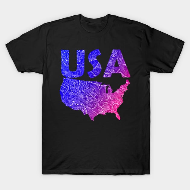 Colorful mandala art map of the United States of America with text in blue and violet T-Shirt by Happy Citizen